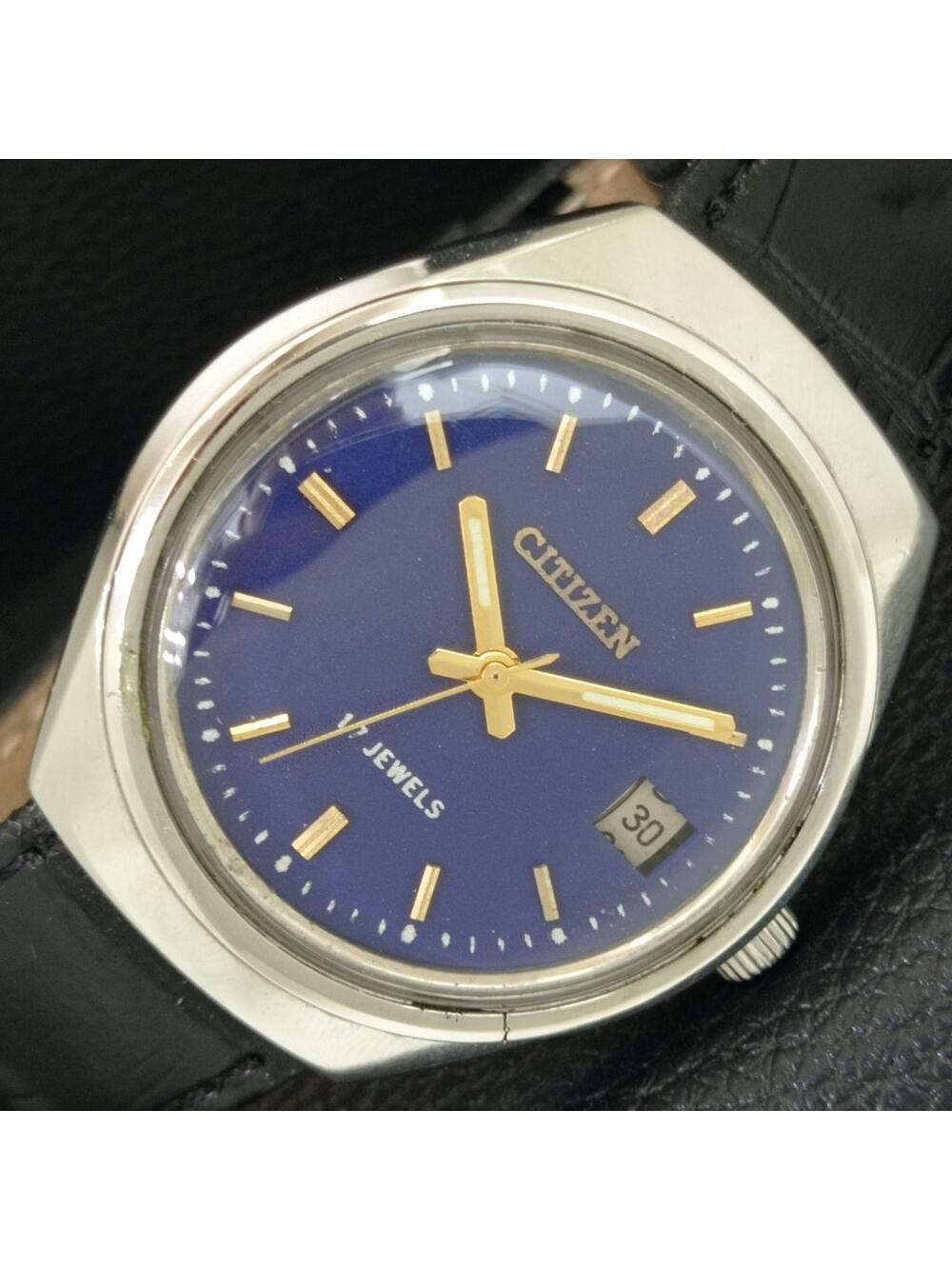 Vintage 1987 Citizen Manual Wound Mens Silver Watch W/Date & Blue accents